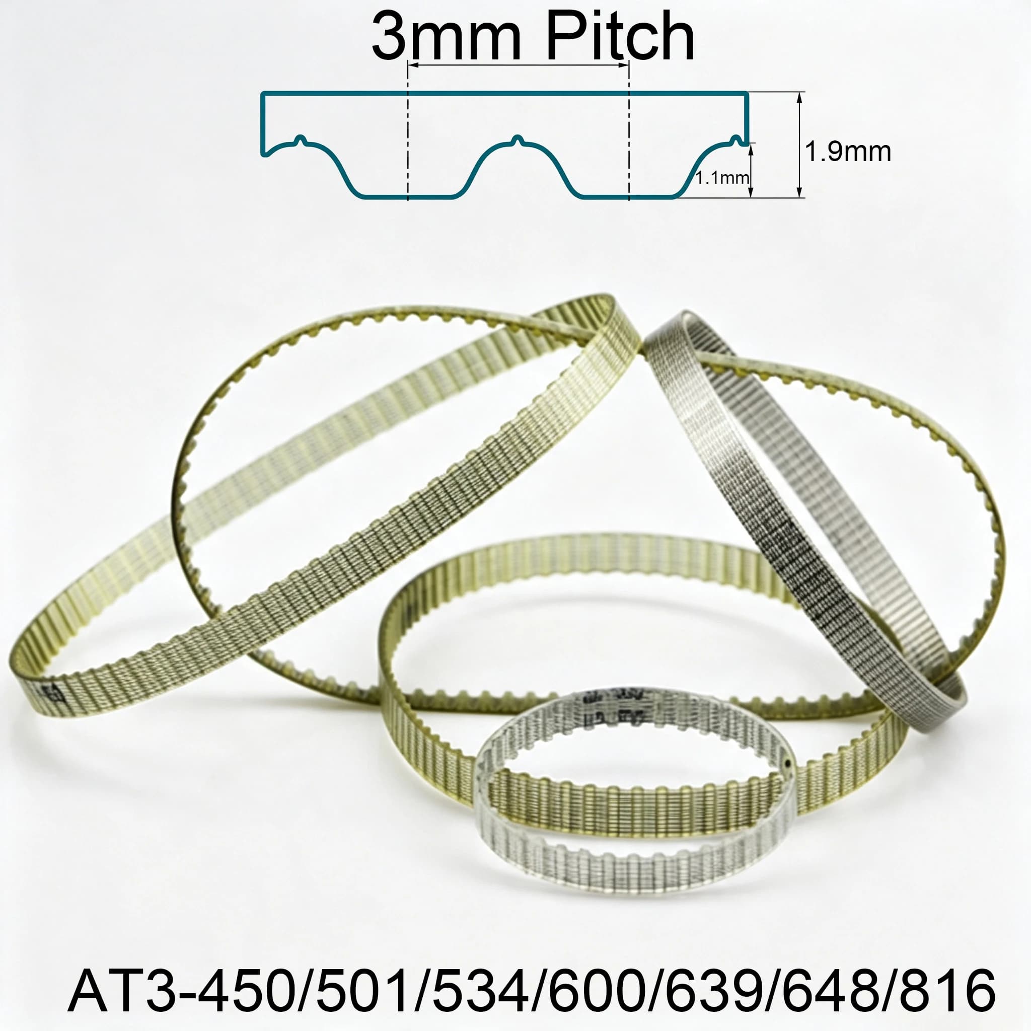 AT3-450/501/534/600/639/648/816mm AT3 3mm Pitch 8/15/20/25-30mm Width PU Steel Wire Trapezoidal Cogged Synchronous Timing Belt