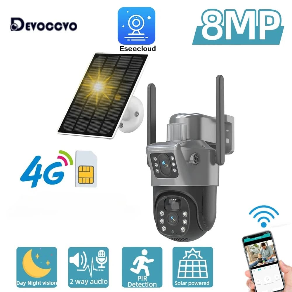 8MP 4K 4G Internet Traffic Card Solar Camera Dual Lens Monitor Security Protection PTZ Video Surveillance CCTV 2-Way Audio