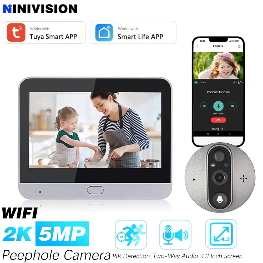 Tuya Smart WiFi Digital Peephole Eye Viewer 5MP 140° Wide Angle Mini 2 Way Audio Door Camera Doorbell IR PIR Motion Detection