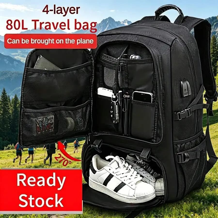80L multifunctional backpack, extra-large capacity men's backpack, travel backpack, casual sports style, outdoor luggage bag, mountaineering bag
