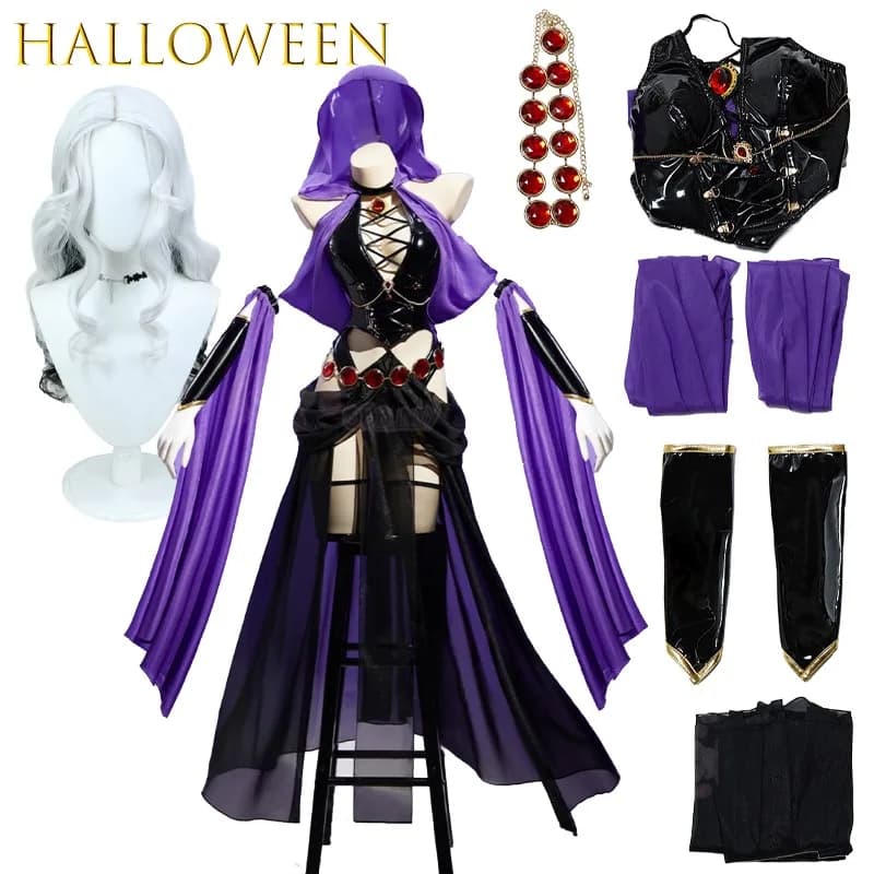 AWitch Banquet Purple Dancer Dress PU Leather Hooded Witch Cosplay Costume Female Outfit Gothic Sexy Black Halter Backless Suit