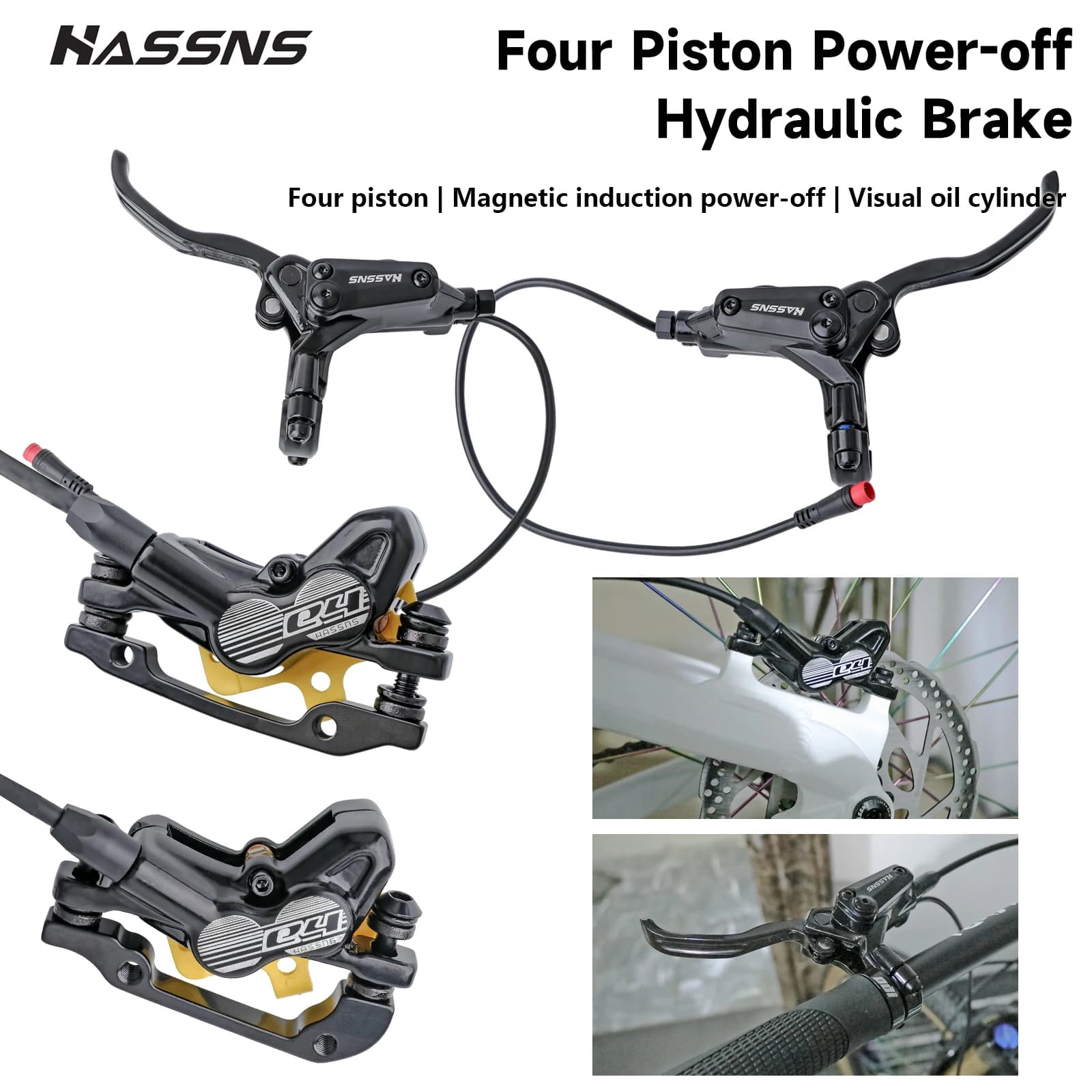 Freni Idraulici HASSNS E4 per MTB, Freno a Olio con 4 Pistoni, Freni per Bicicletta Tipo Split 930/1630, per Mountain Bike con Dischi da 160mm