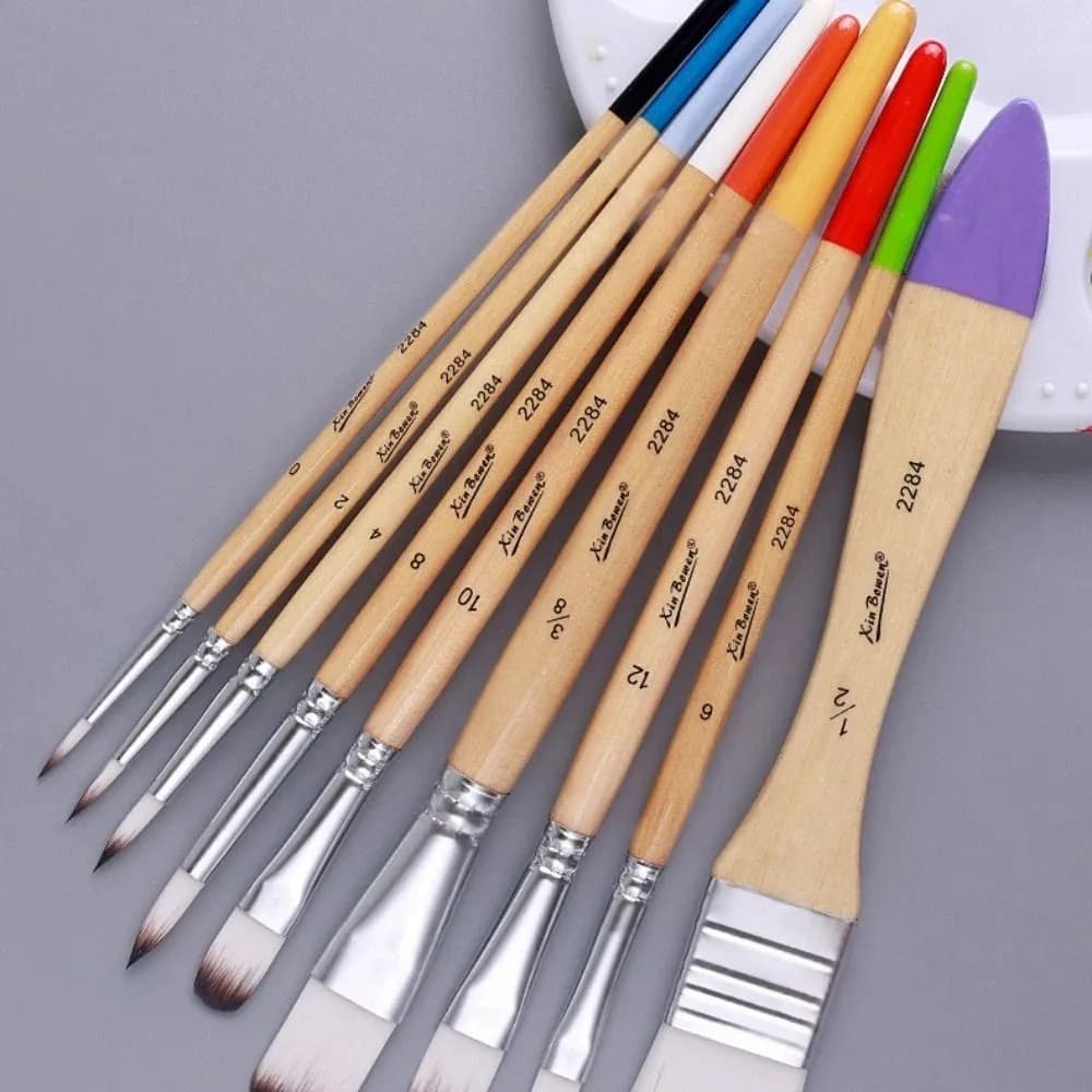 9Pcs Nylon Bristle Beginner Brush Set Diy Art Supplies Artist Painting Tools Easy To Clean Oil Painting Brushes
