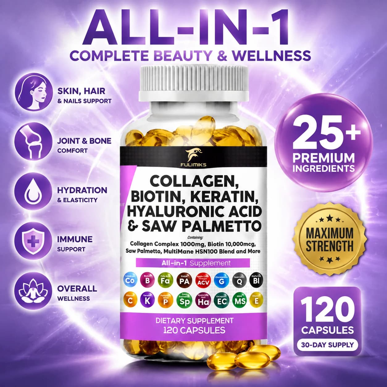 Collagen Supplement 1000mg with Biotin Keratin Saw Palmetto Hyaluronic Acid, Pumpkin, Vitamin E & DHT Support Hair Skin & Nails