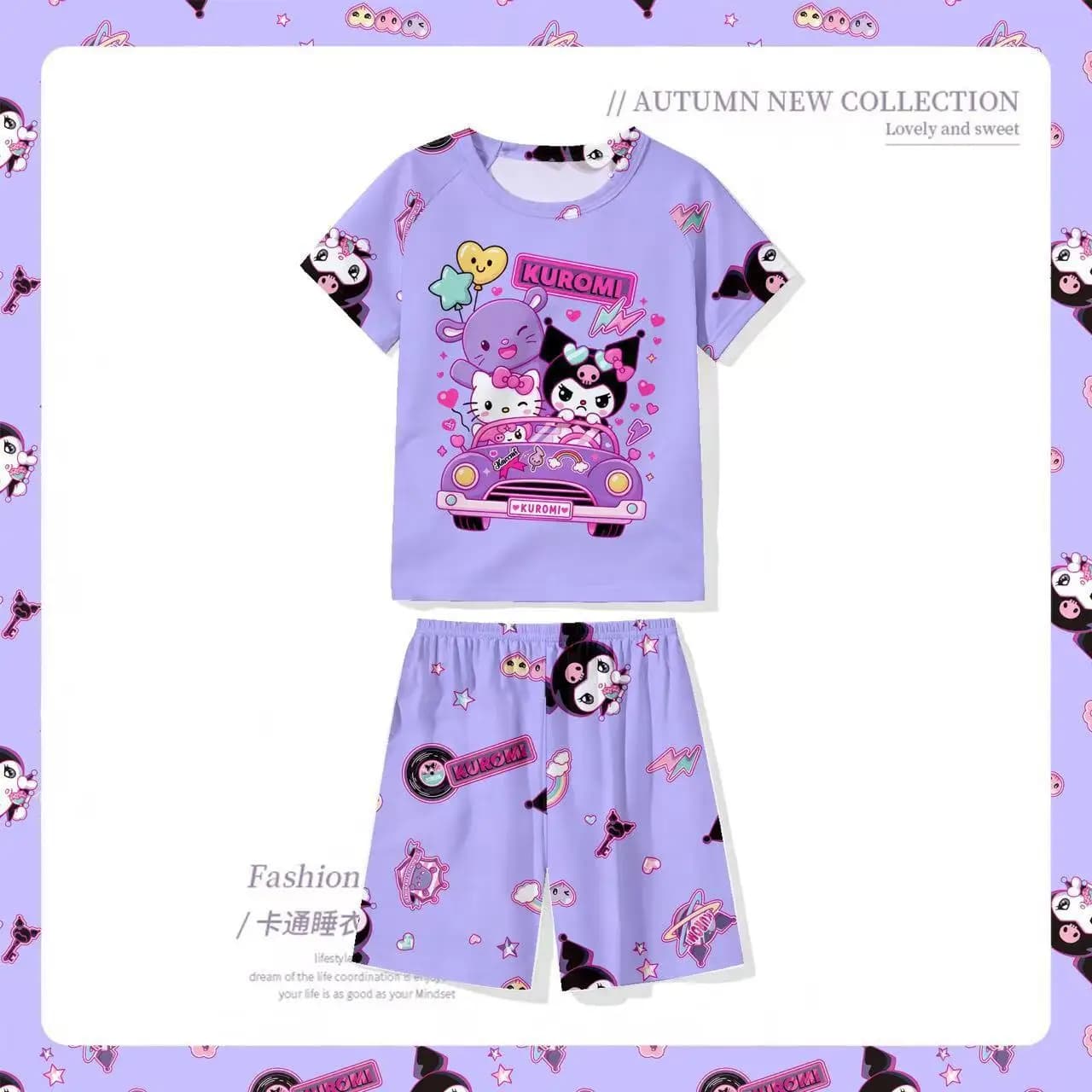 Pigiama Estivo per Bambini Anime Kuromi, Maniche Corte, Set di Abbigliamento Leggero per Ragazze e Ragazzi con Stampe Cartoon, Hello Kitty, Cinnamoroll