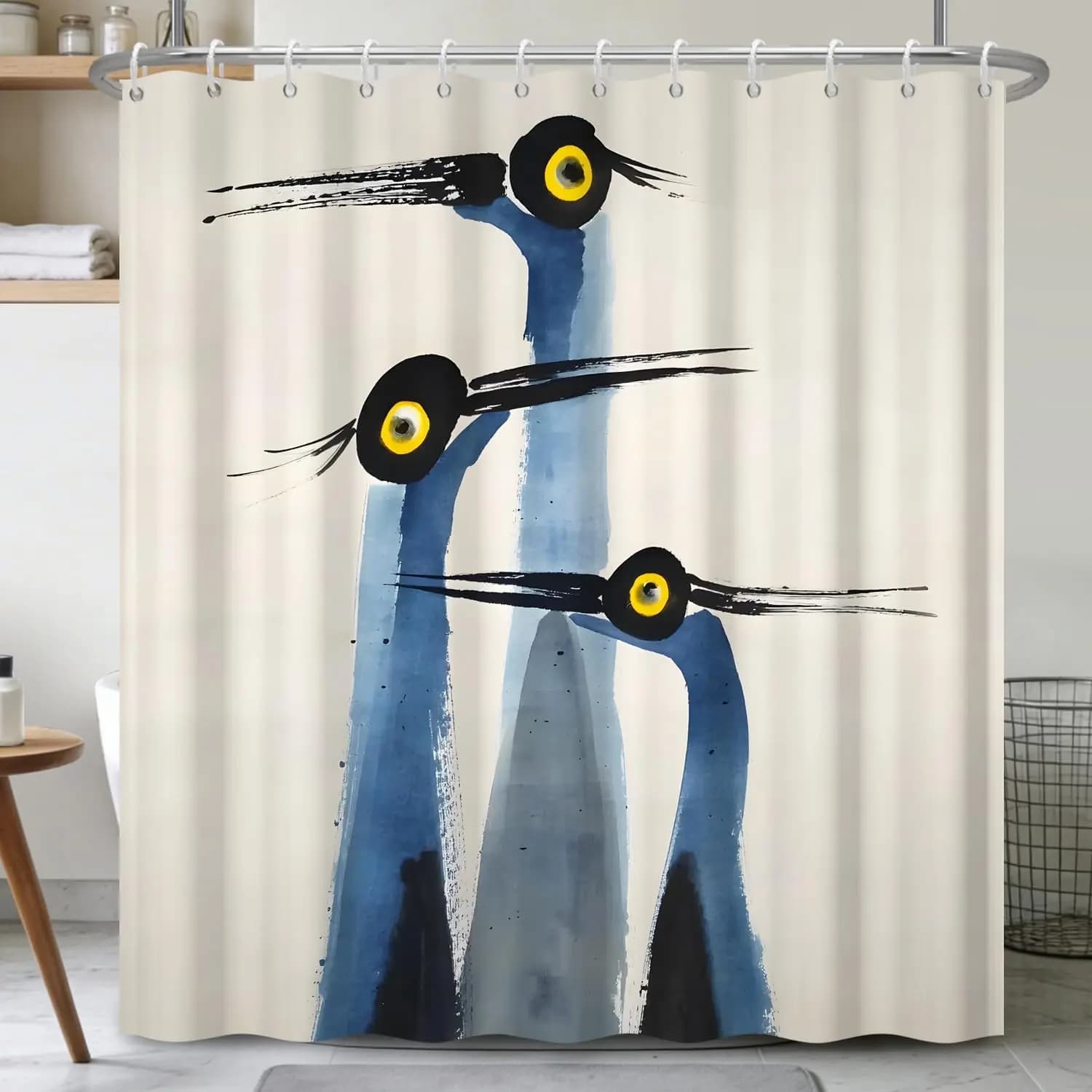 Tenda da doccia con motivo uccelli astratti – Design artistico con tratti di pittura, stampa animalier minimalista per un arredamento moderno da bagno ispirato alla natura