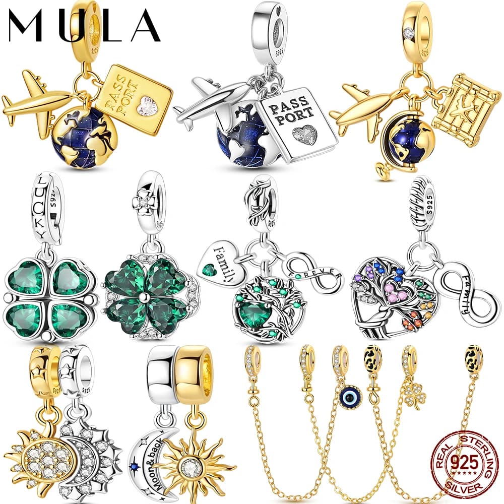 New Original 925 Silver Sterling Charms Beads Pendant Airplane Sun Moon Clover Charms Fit Bracelet Woman Fashion Jewelry Gift