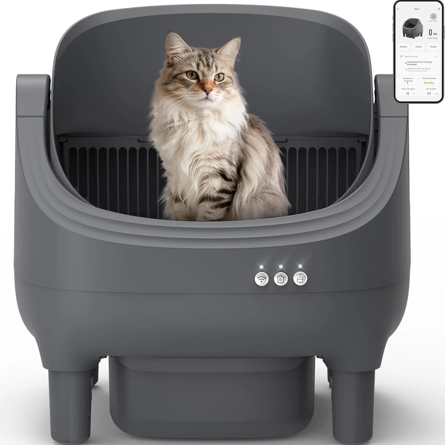 Lettiera Automatica Autopulente per Gatti, Controllo tramite APP, Design Aperto, Anti-Pizzicamento, Inodore con Sacchi per Rifiuti, per Gatti Multipli, Grigio Scuro