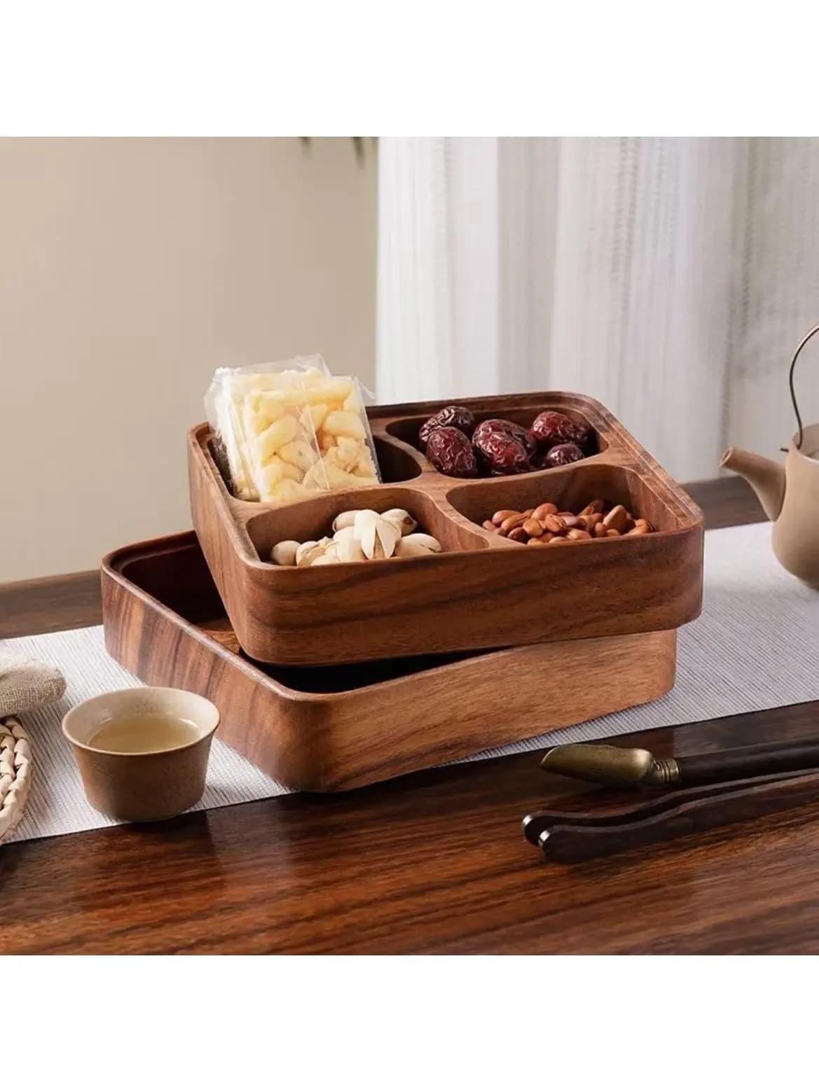 Nuovo Piatto per Frutta Secca in Legno di Noce Stile Cinese, Piatto per Snack Domestico a Quattro Scomparti, Piatto per Dessert in Legno Intero a Forma di Mulino a Vento