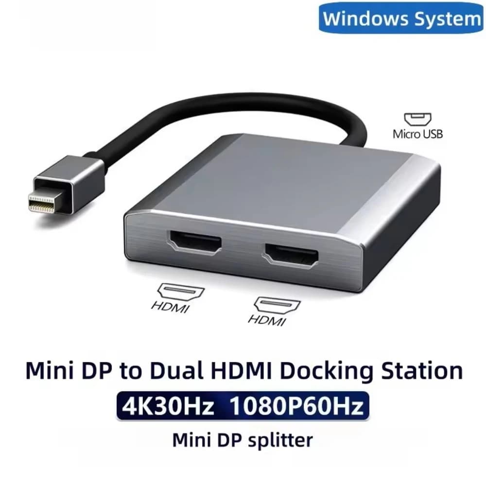 Mini DisplayPort to Dual HDMI Adapter, 4K@30Hz Mini DP Splitter Extended Display Dock for Win System Dual Monitors MST&SST Mode