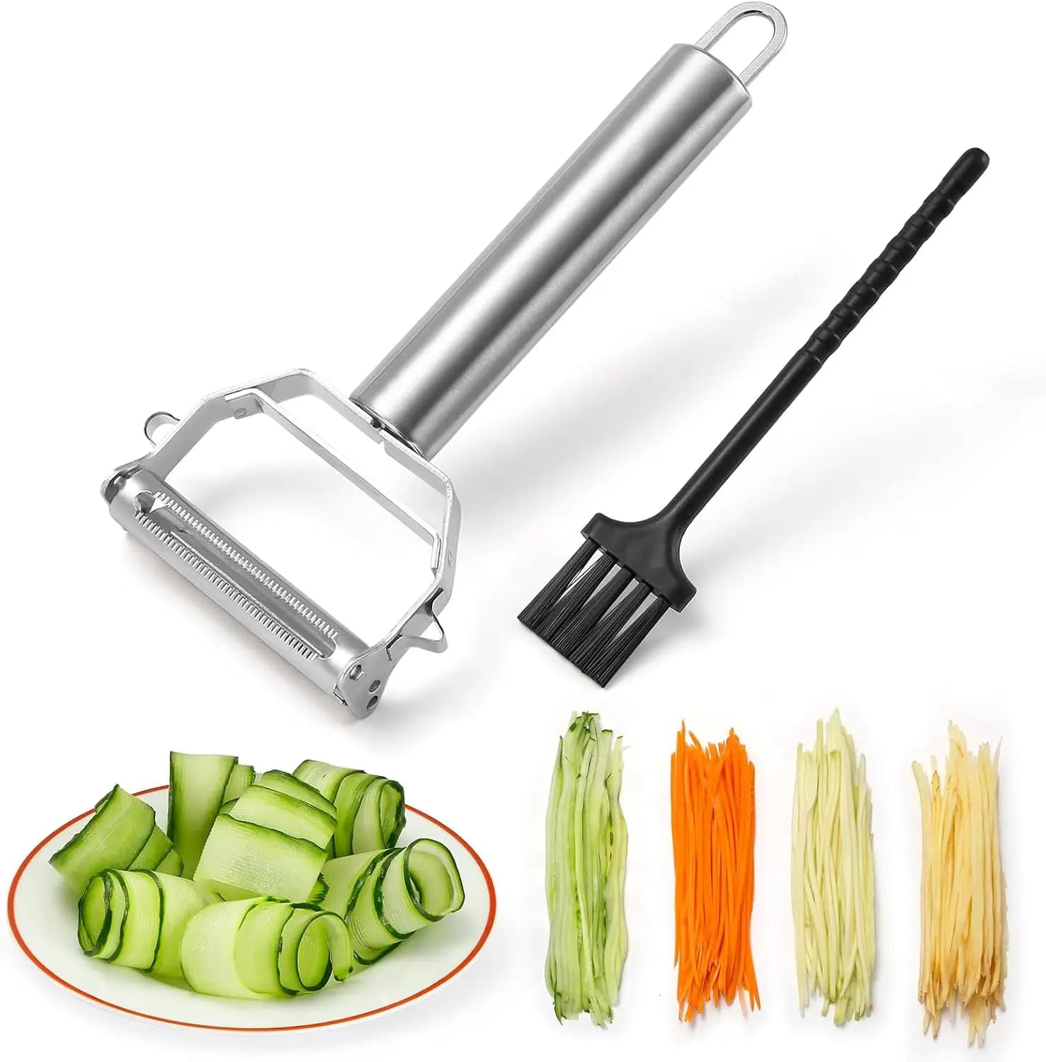 Pelapatate in Acciaio Inox, Affettatrice e Tagliaverdure per Carote, Patate, Melone, Verdure e Frutta con Spazzola per la Pulizia