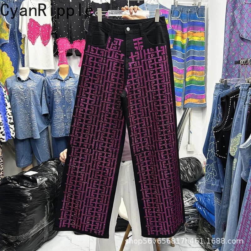 Jeans Trendy with Geometric Pattern and Women's Diamonds, New Autumn Collection, Upper Life, Larga Leg, Land Length