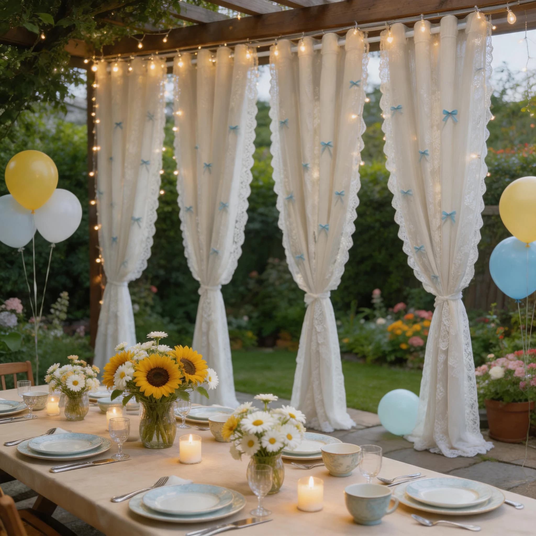 4 Pcs 5ft x 8ft Blue French Style Double Layer Curtains, Full Blackout Backdrop with Lace & Bow Design for Wedding Ceremony, Birthday, Family Gathering Decoration