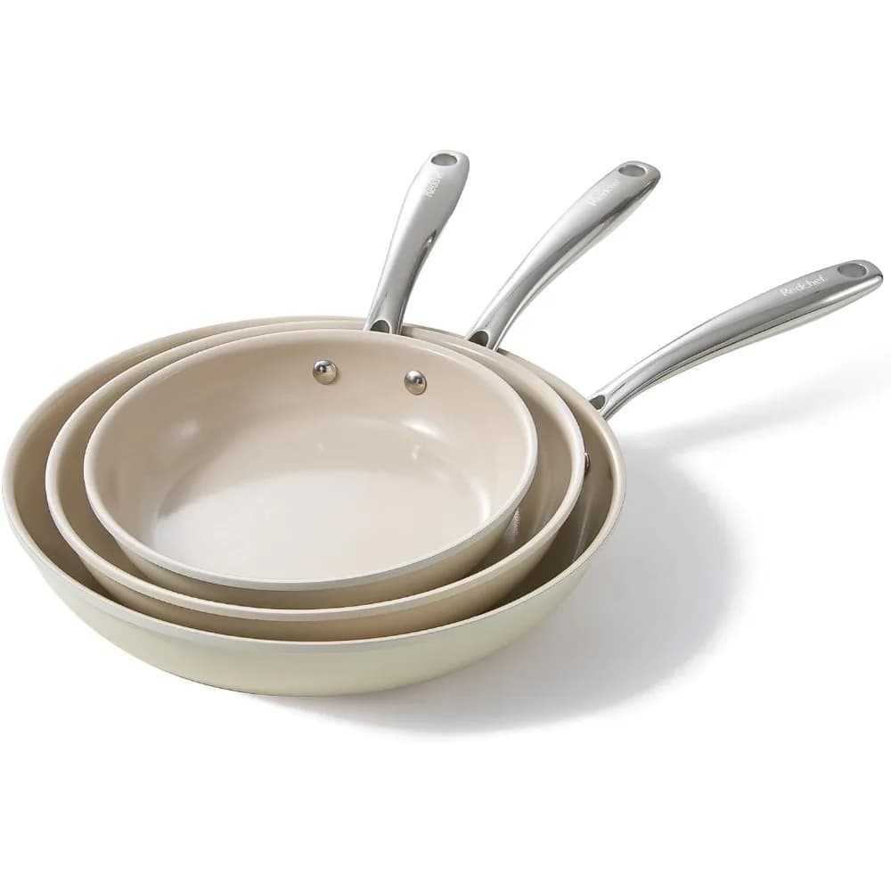 Set di 3 Padelle Antiaderenti in Ceramica, Non Tossiche, Senza PFAS, Manico Termoisolante, Lavabili in Lavastoviglie, Adatte al Forno, Beige e Bianco
