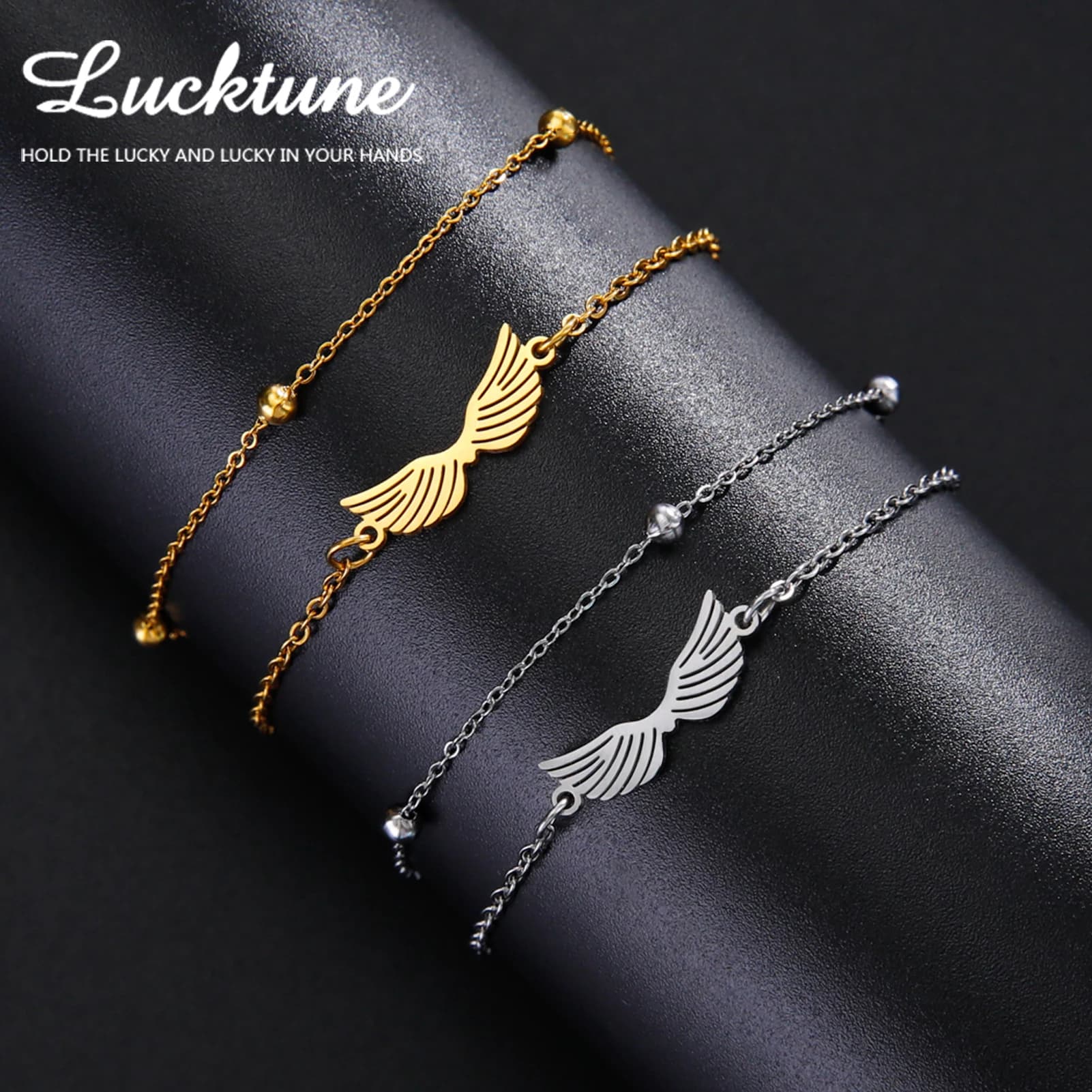 Bracciale con Ciondolo Ali d'Angelo Lucktune per Donne, Catena con Perline in Acciaio Inossidabile, Gioiello alla Moda Kpop 2025, Regalo di Nozze