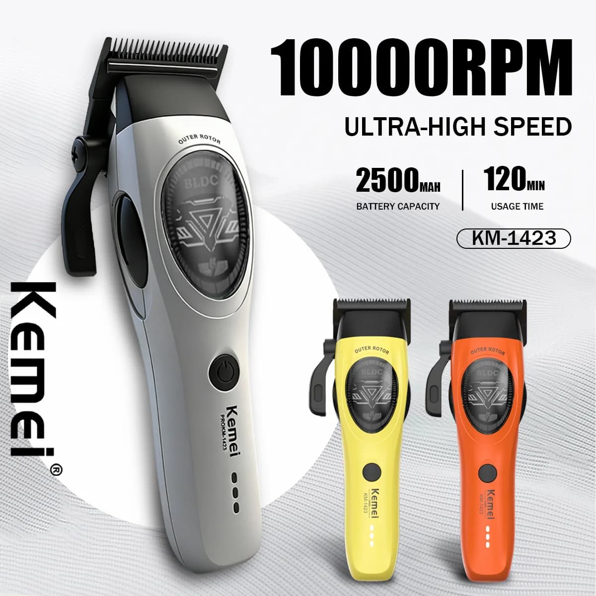 Kemei professional haircut with SPACE blades, rechargeable, 10000 rpm, external rotor, adjustable, for man, model KM-1423