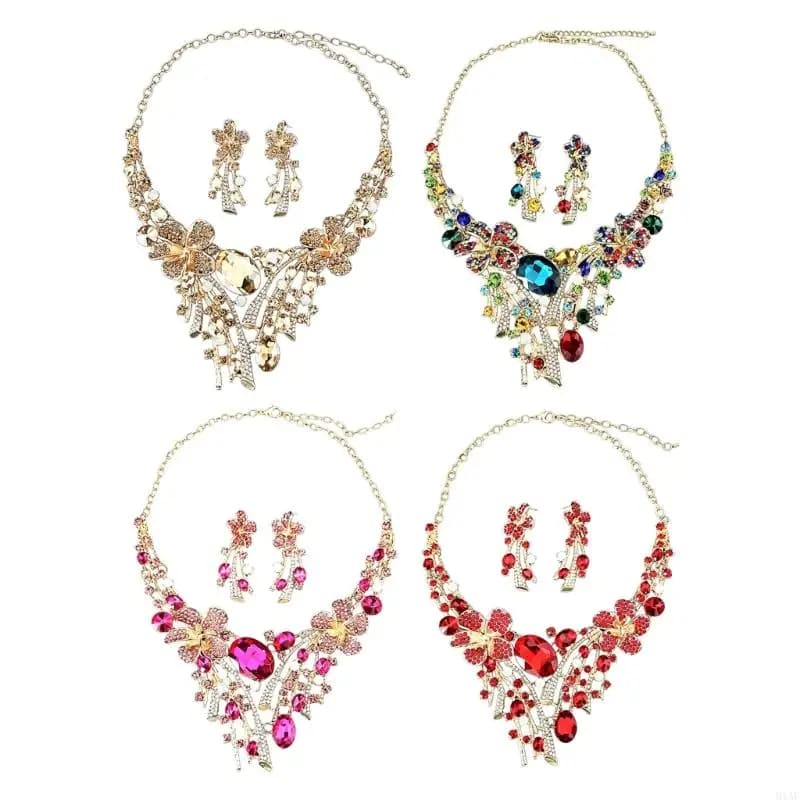 91AF Stylish Alloy Floral Jewelry Set Wedding Party Accessories Fashion Necklace and Pendant Earrings for Various Occasion