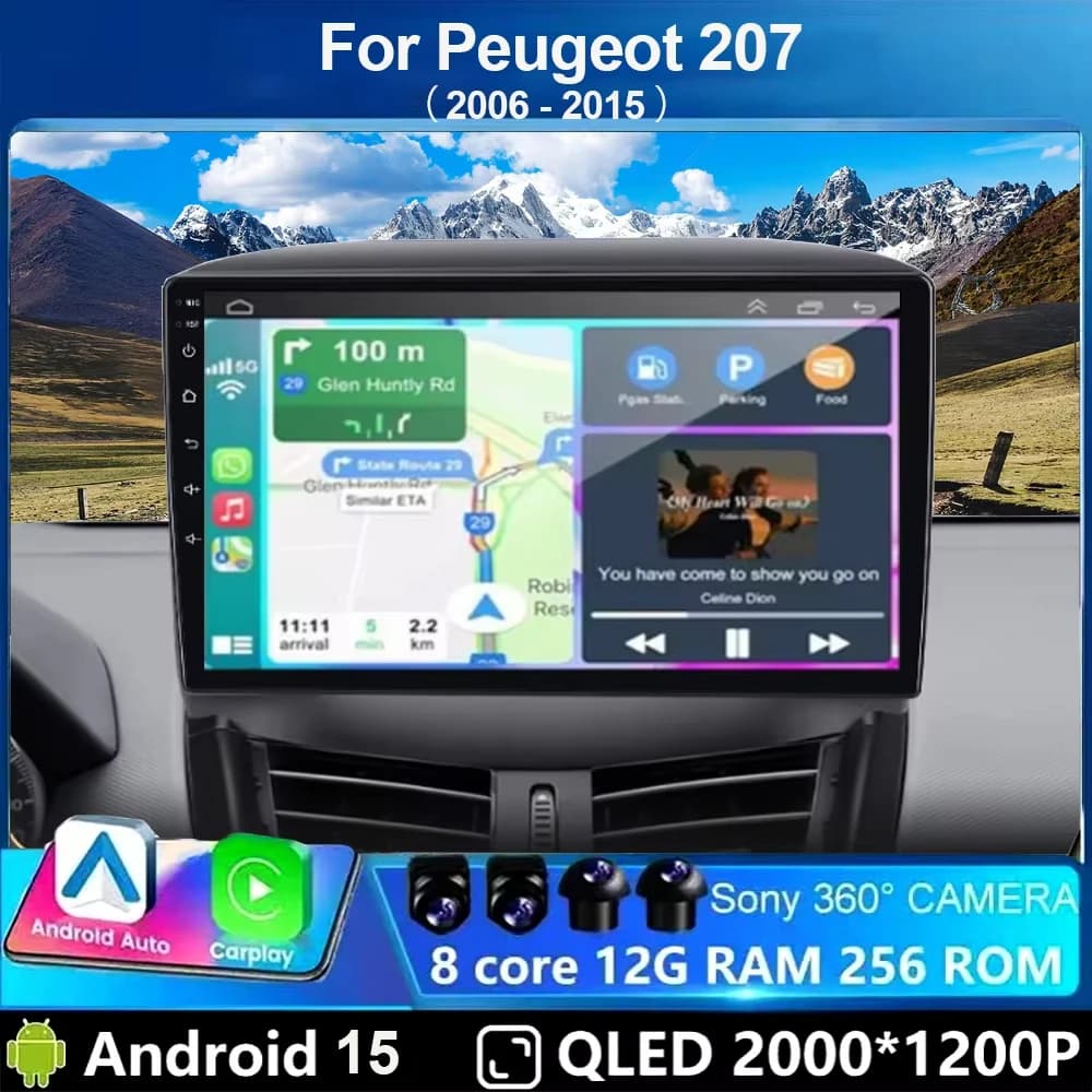 Autoradio Android 15 per Peugeot 207 CC 207CC 2005 - 2015, Wireless CarPlay, Android Auto, Lettore Multimediale, GPS, 4G, WiFi