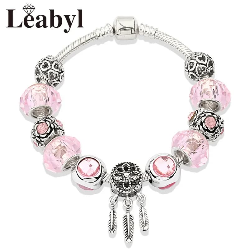 Cute Pink Crystal Dream Catcher Charm Pendant Bracelet Simple Chic Silver Color Beaded Flower Bracelet DIY Fashion Jewelry Gift