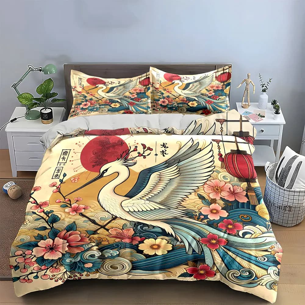 Elegante Set di Biancheria da Letto con Decorazioni Floreali e Motivo Gru, Include 1 Copripiumino e 2 Federe, Disponibile in Misure Singolo, Matrimoniale, King e Queen, Idea Regalo