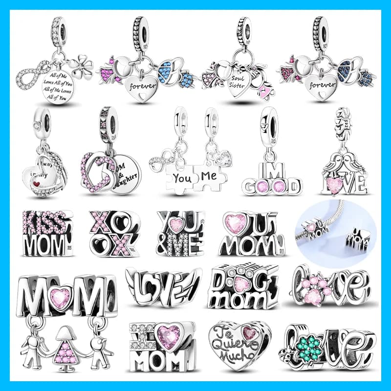 Beads 925 Silver Plated Romantic Zircon Love MOM Sister Family Charms Fit Bracelet Bag Keychain Pendant DIY Jewelry Women Gift