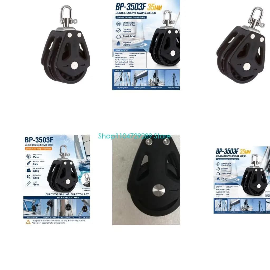 D8KE Dinghy Rope Pulley for Line Adjustment, Double Sheave Marine Block with 35 mm Sheaves, Rotating Top Link, and 8 mm Line Use