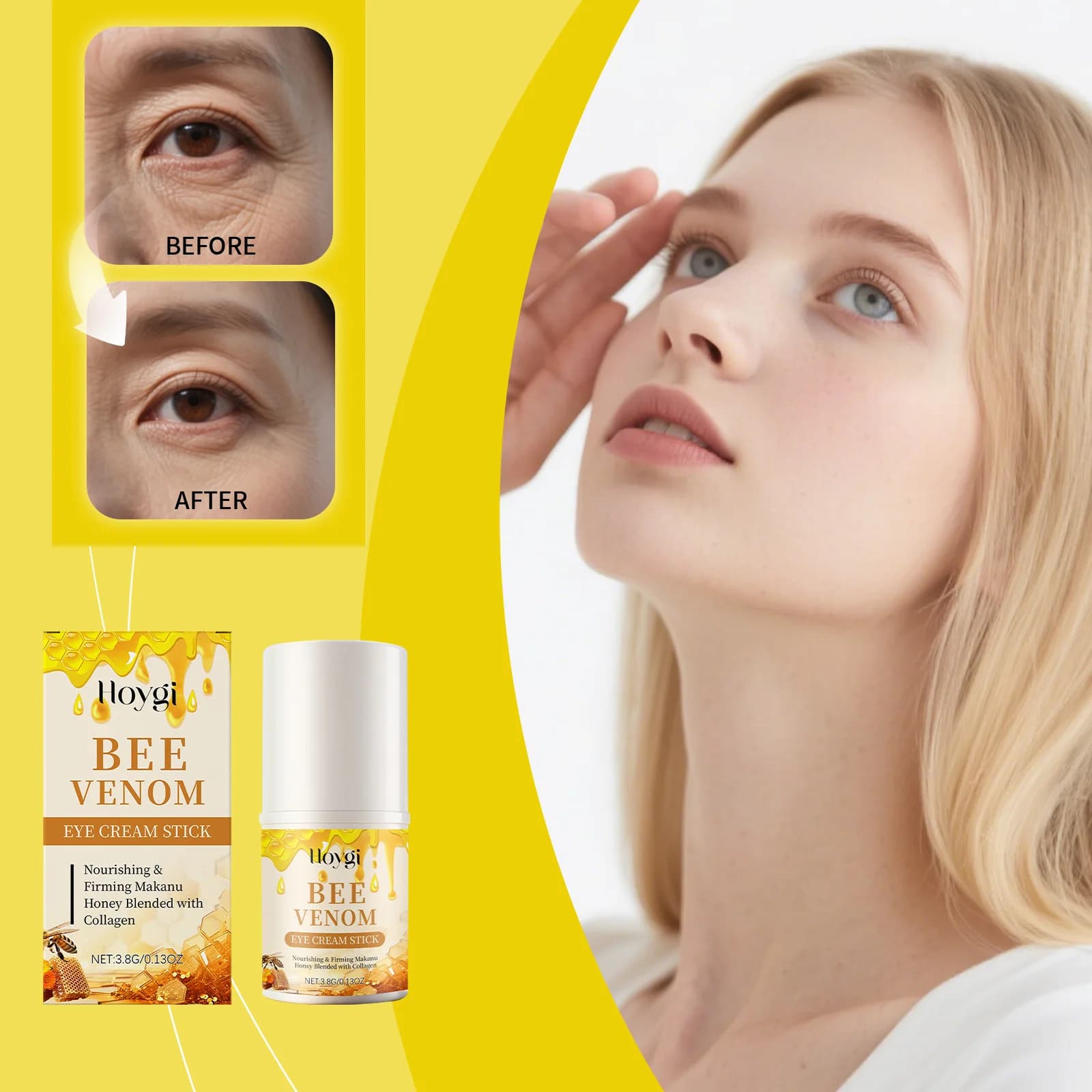 HOYGI Cream Backpack Eyes with Bee Veil in Stick, Remove Occhiaie and Bags, Hydrating Serum to Hydrolyzed Collagen Against the Inflator