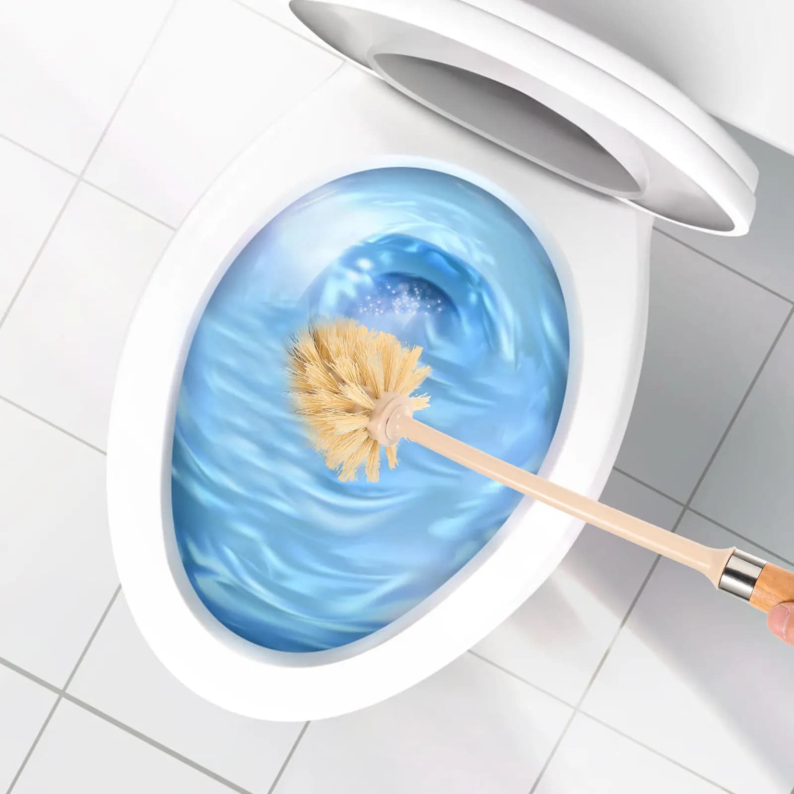Set Spazzola per WC con Manico Lungo, Spazzola per Pulizia Bagno in Plastica e Legno, Supporto Antiscivolo, Rimozione Macchie Ostinate