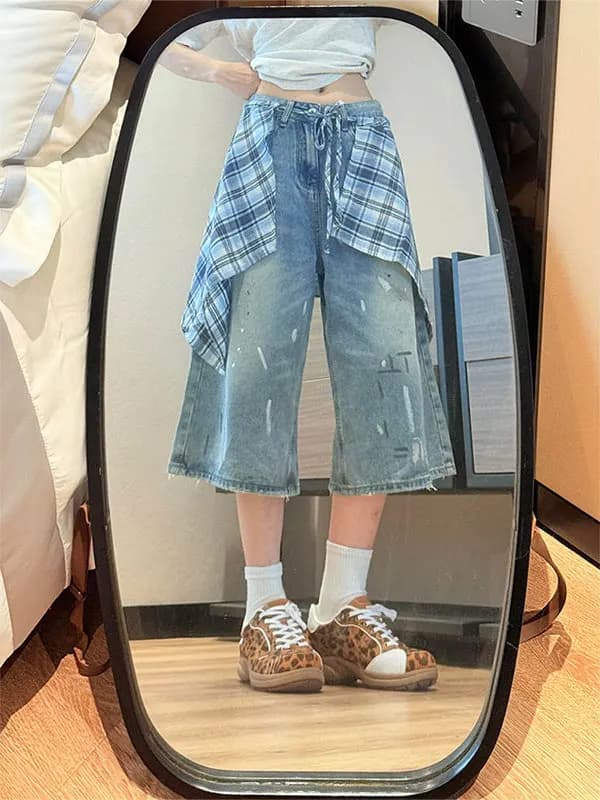 Nuovi Jeans Estivi a Vita Alta e Gamba Larga da Donna, Pantaloni a Sette Ottavi Sciolti e Modellanti con Design a Schizzi d'Inchiostro, Casual per il Pendolarismo