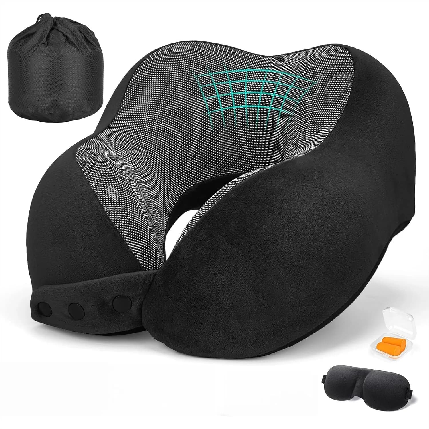 Cuscino da Viaggio Regolabile in Memory Foam con Mascherina per Occhi, Tappi per Orecchie e Borsa per il Trasporto, Ideale per Dormire in Aereo, Treno o Auto