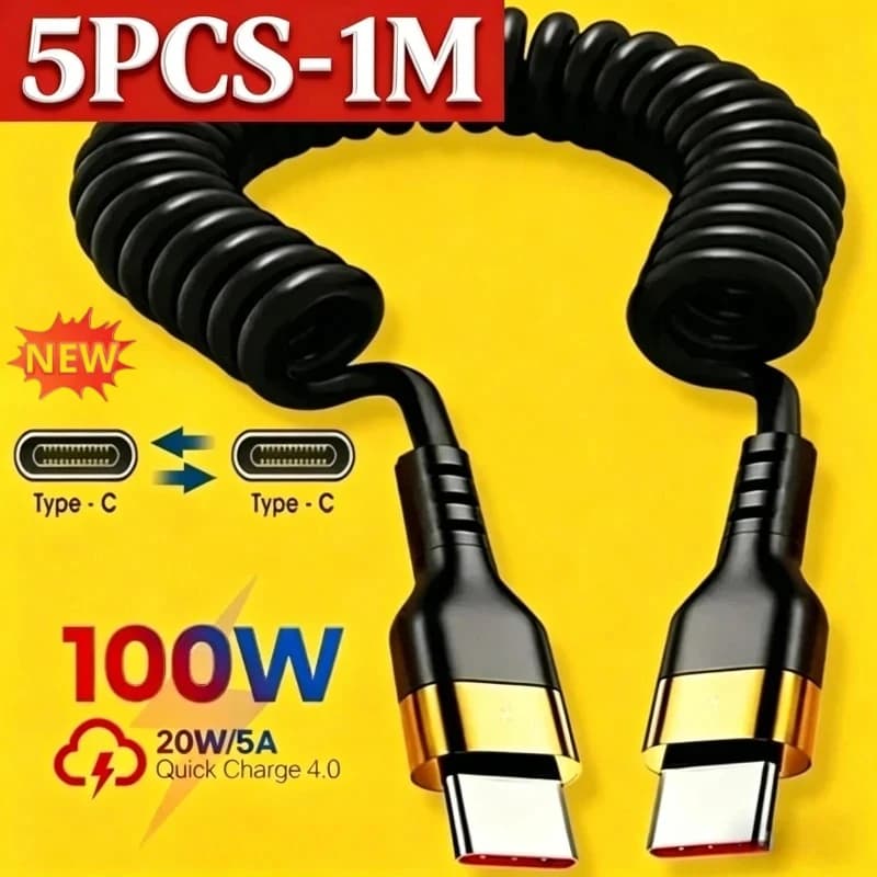 Cavo USB-C a USB-C da 120W, 5A, a ricarica rapida, con molla, per auto, compatibile con iPhone 15 Series, Xiaomi 12, Samsung, Macbook (1 o 5 pezzi)