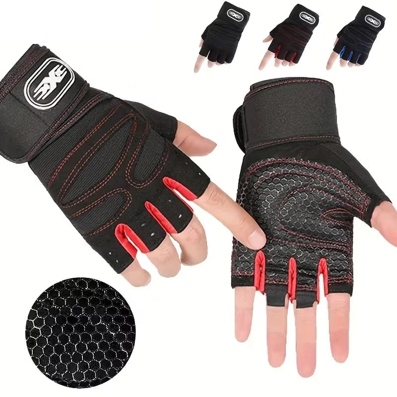 Sports gloves half fingers with wrist protection, anti-slip gloves for gym, dumbbells, riding, fitness exercises on horizontal bar