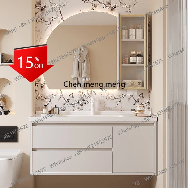 Mobili da Bagno E153: Mobile Lavabo in Ceramica, Cassetti in Legno Massello, Specchio e Mobiletto per Trucco