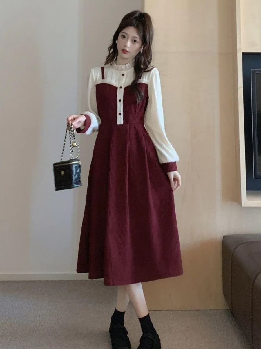Abito a trapezio da donna, nuovo stile autunno inverno, rosso vino, a maniche lunghe, a vita alta, gonna snellente, finto due pezzi, standard