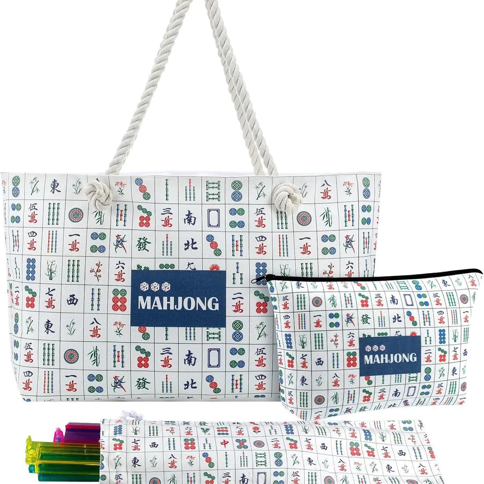 Empty Mahjong Bags Set Blue Printed Mahjong Tote Bag for Tiles Racks (Mahjong)