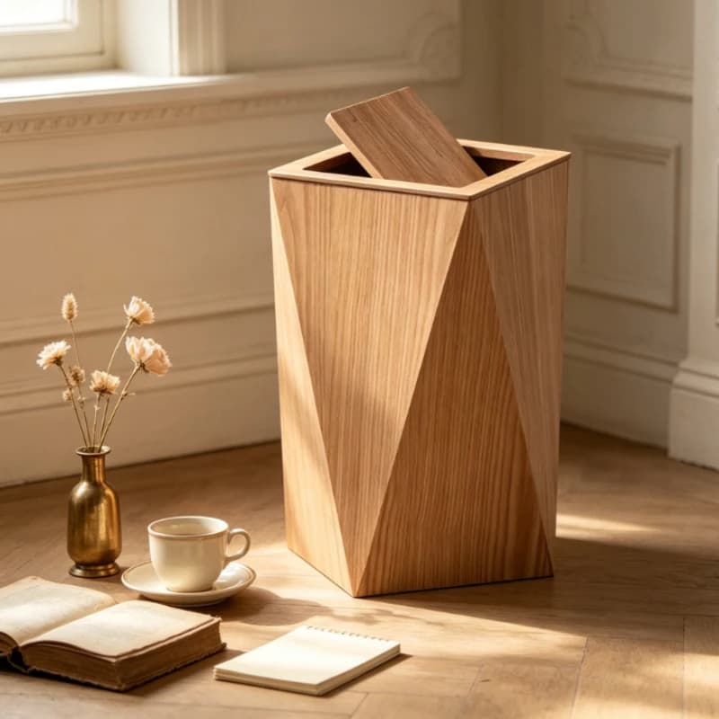 Wooden Trash Can with Lid, Scandinavian Style Light Luxury Waste Bin for Bathroom, Hotel, Office, Home Stay - Odor-Proof