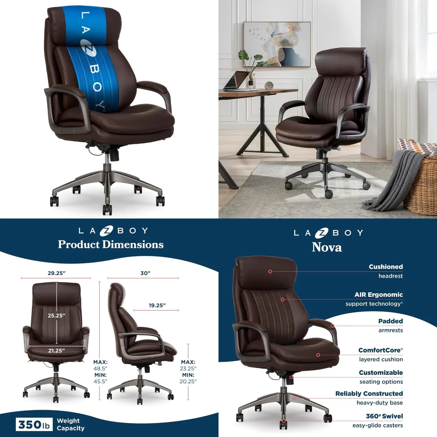 Sedia da Ufficio Ergonomica con Schienale Alto e Supporto Lombare in Pelle Vegana Marrone per Ufficio Domestico, Personalizzabile