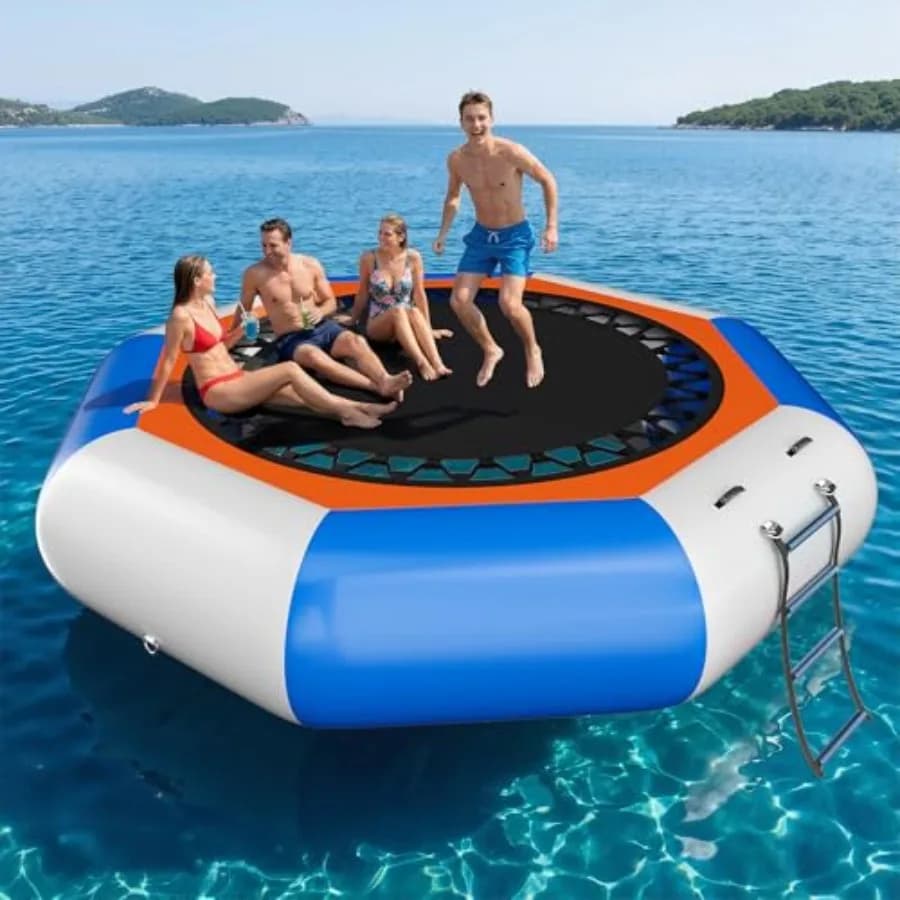 Trampolino Gonfiabile Galleggiante 10FT con Scaletta in Corda, Rete Elastica, PVC Resistente, Ampia Area di Salto con E