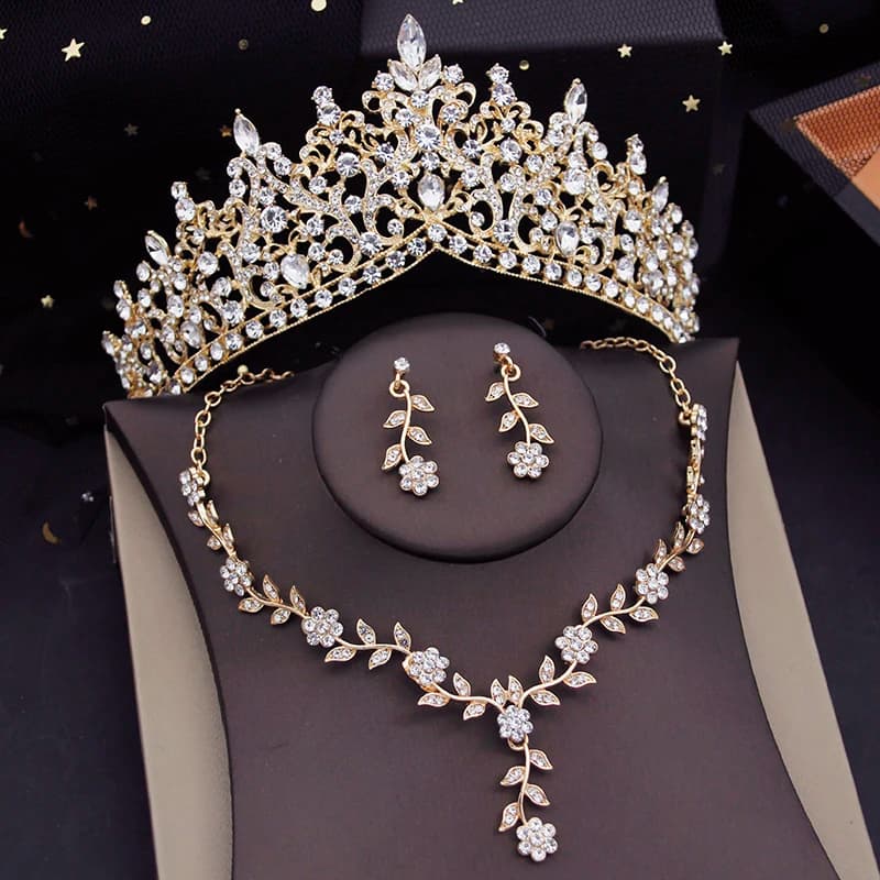 Luxury Tiaras Bridal Jewelry Sets for Women Flower Choker Necklace Sets Bride Crown Prom Wedding Jewelry Set Costume Accessory