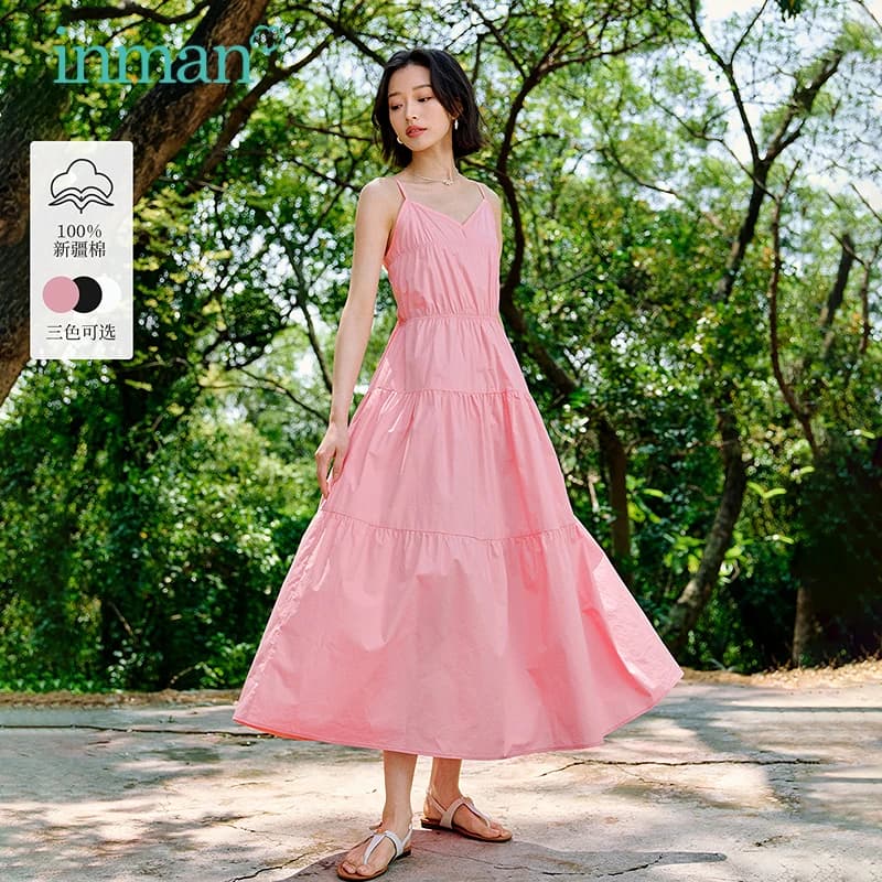 Inman 2025 Abito estivo da donna nuovo elegante con scollo a V in puro cotone - Abito maxi a trapezio con vita definita in stile resort