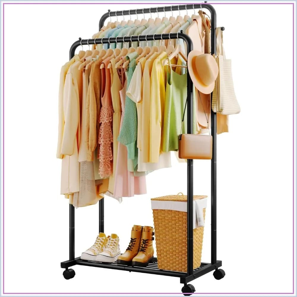 Double Rod Clothes Rack with Mesh Shelf, Hooks & Wheels for Hanging Clothes and Bags, Heavy Duty Garment Rack for Laundry and Storage, Black