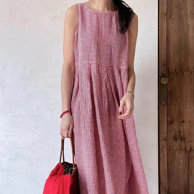 Chic Pleated Side Buttoned Sleeveless round Neck Plaid Dress Sweet Style H Version Summer Casual Single Piece Chinese Origin
