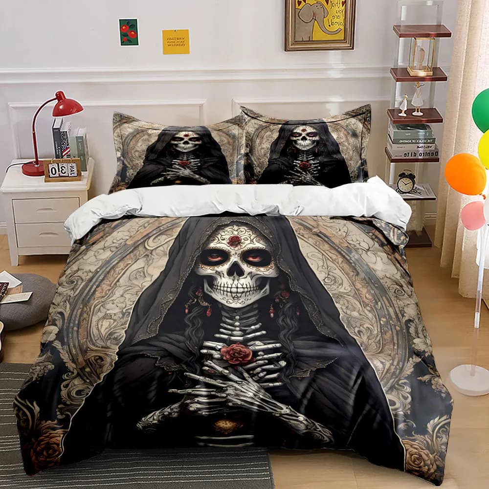 Set copripiumino con motivo Dark Death Saint e Rose, stampa digitale, biancheria da letto colorata in poliestere con chiusura a cerniera, per regali per bambini