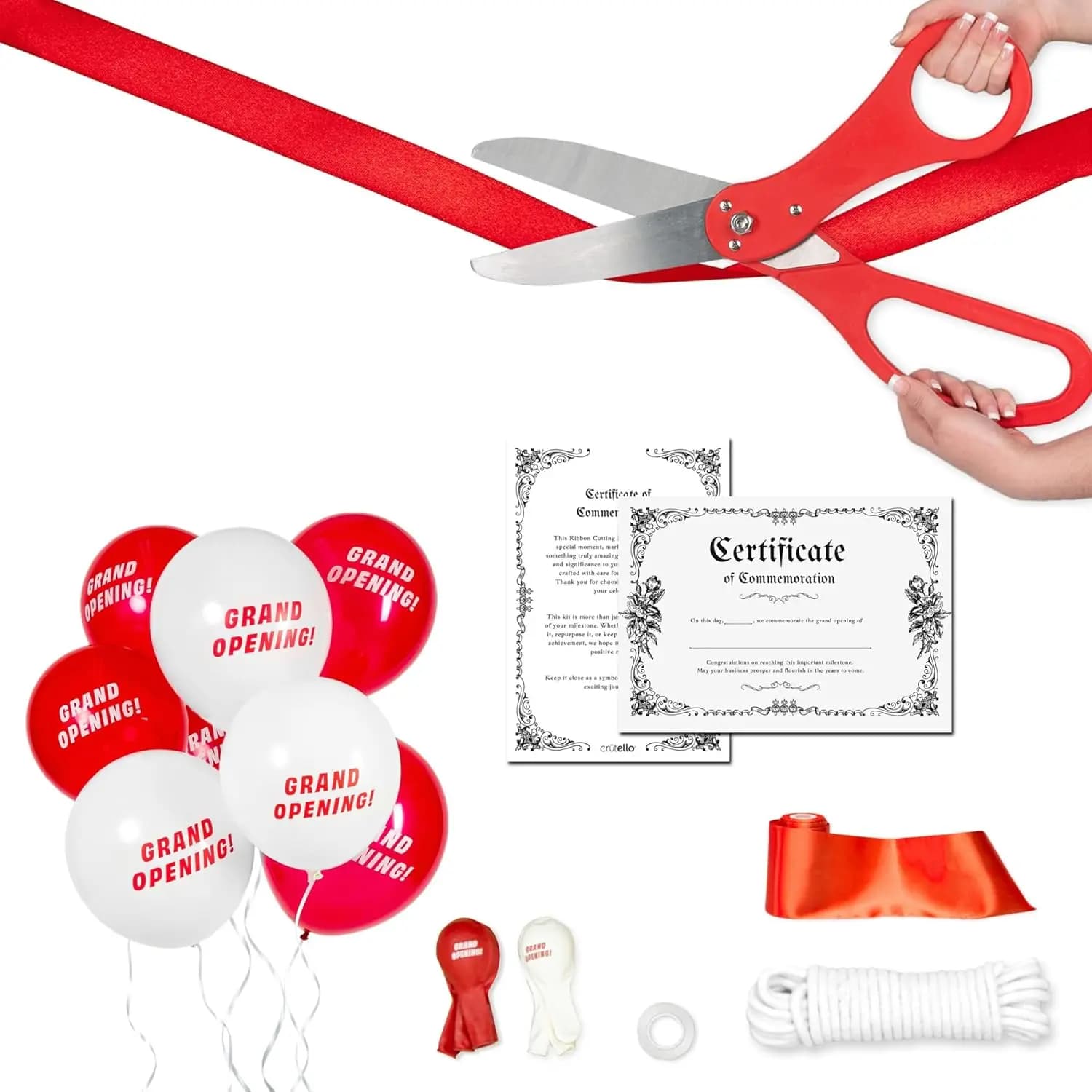 Kit per Cerimonia Taglio Nastro Gigante - Forbici Rosse da 20 Pollici, Nastro da 30 Piedi, Striscione da 10 Piedi, 20 Palloncini