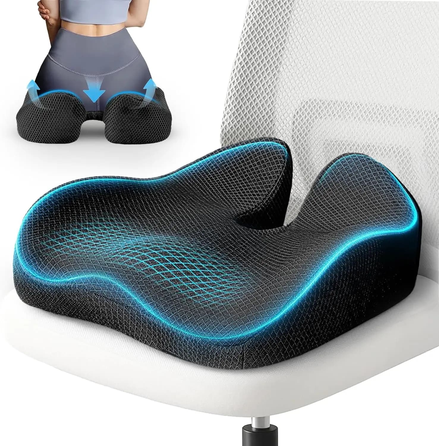 Cuscino Extra Large per Sedia da Ufficio, 19x17 Pollici, Ergonomico in Memory Foam per Alleviare il Dolore al Coccige, Sciatica e Anca, Nero