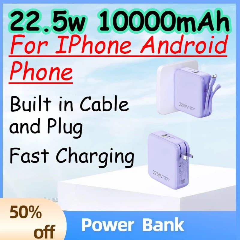22.5w 10000mAh Power Bank with Built in Cable and Plug for IPhone Android Phone Fast Charging Mini PowerBank