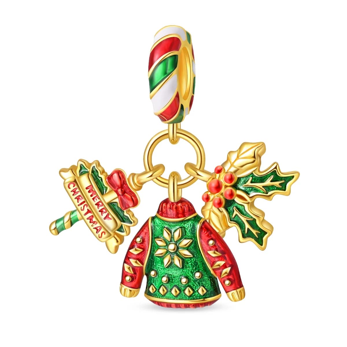 Ciondoli e Perline Placcati Oro a Tema Natalizio: Maglione, Piantagione, Bastoncino di Zucchero, in Argento 925, Compatibili con Bracciali Originali, Gioielli Regalo per Donne