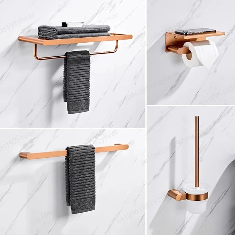 Rose Gold Brushed Stainless Steel Bathroom Hardware Kit, Multi-purpose Towel Shelf Paper Holder Toilet Brush Holder