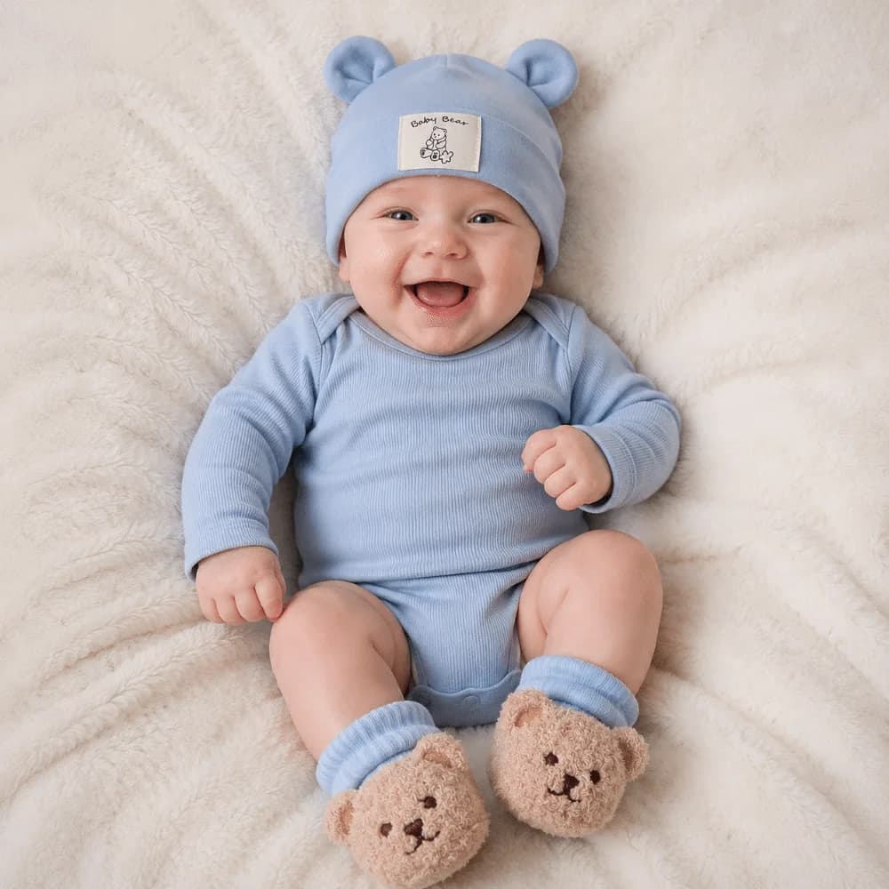 2Pcs/Set Cute Cotton Baby Hat Socks Set Soft Warm Bear Ear Beanie Cartoon Pullover Cap Prewalker Socks Autumn Winter