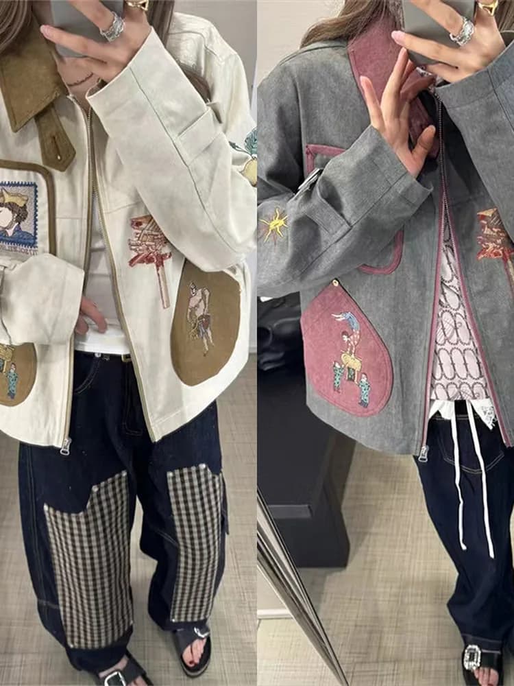 Washed canvas jacket with fashionable embroidery for women, autumn winter, wide casual fit, cotton, long sleeve, zip closure